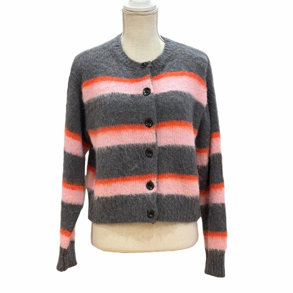 Alexander Wang Striped Brushed Mohair Cardigan 
Grey and Pink Size S